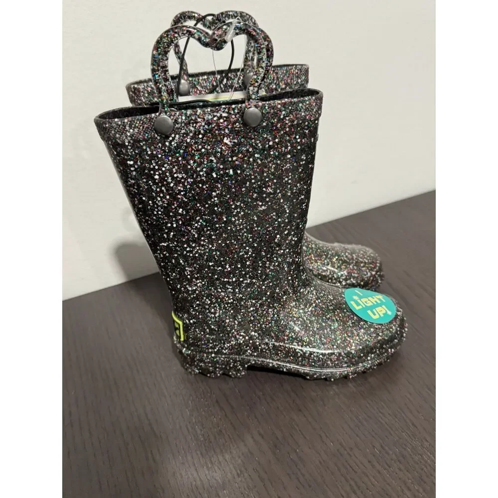 Western Chief Girls Glitter‎ Rubber Pull On Sparkle Rain Boots 8 NEW Light Up